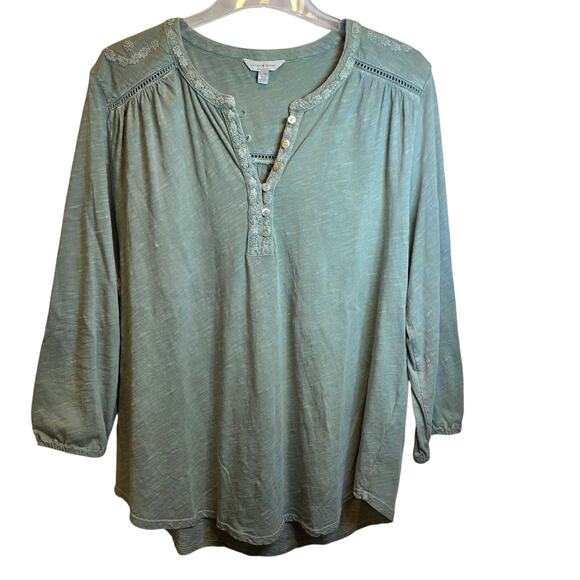 Lucky Brand Embroidered Henley Peasant Top Long Sleeve Split V-Neck Sz XL Green - Picture 6 of 14